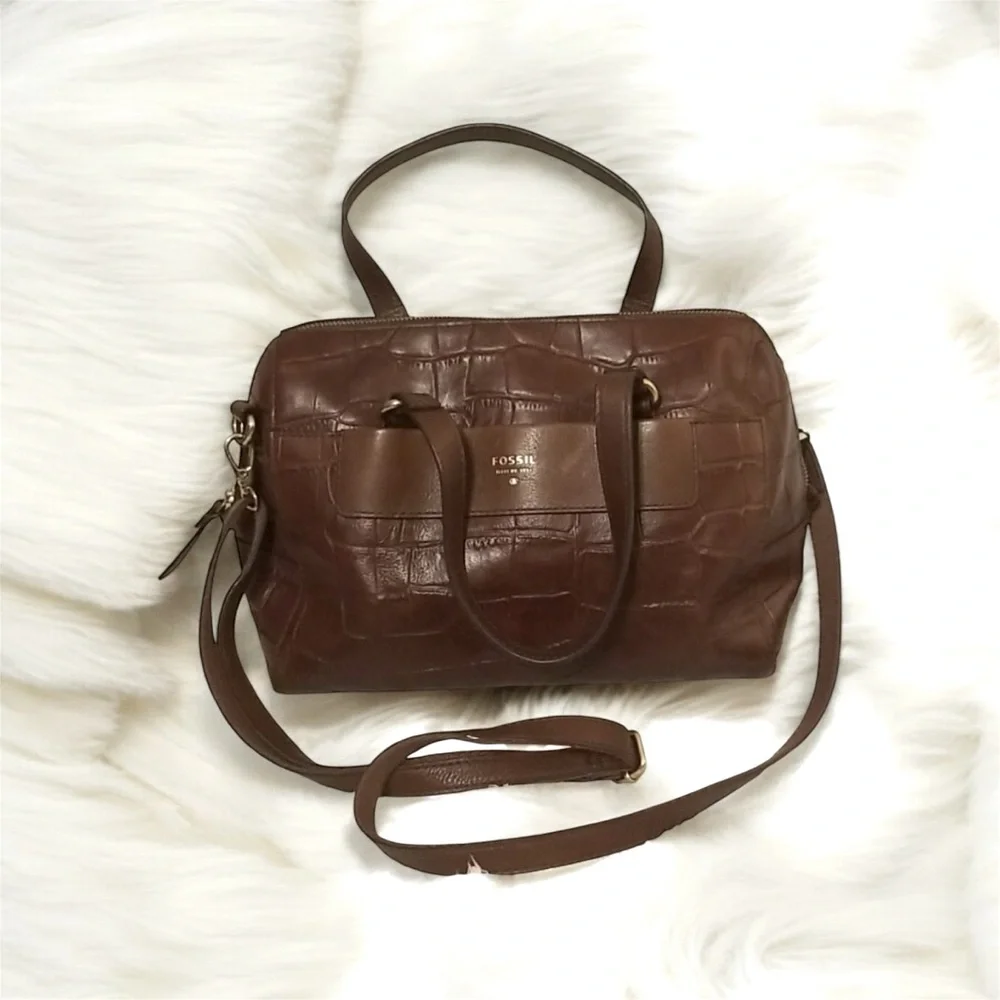 Fossil Classic Satchel Bag Croc Embossed Leather Purse
